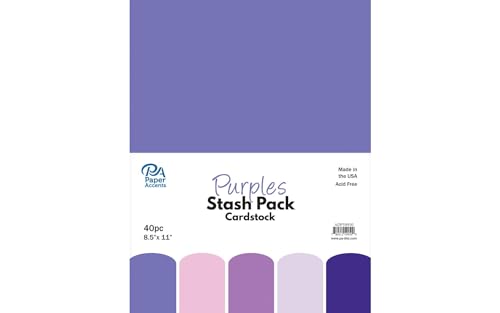 PA Paper Accents Stash Pack Cardstock Pack 8.5" x 11" Purples, colored cardstock paper for card making, scrapbooking, printing, quilling and crafts, 65lb., 40 pieces - color: Purples
