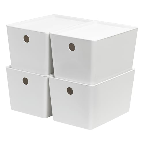 Soddeph 4 Pack Thick Plastic Storage Box with Lid, Durable Stackable Storage Bins, Hard Plastic Organizer Baskets for Home Office,Storage Containers 10.1" x 7" x 5.8" (White with Lid) - color: White