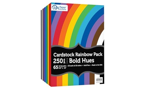 Accent Design Paper Accents Variety Pack, Rainbow Cardstock, Bold Hues, 8.5x11 Inch, 250 Pack, 65lb Coordinated Color Cardstock, Scrapbooking, Card Making, and Crafts - color: Bold Hues