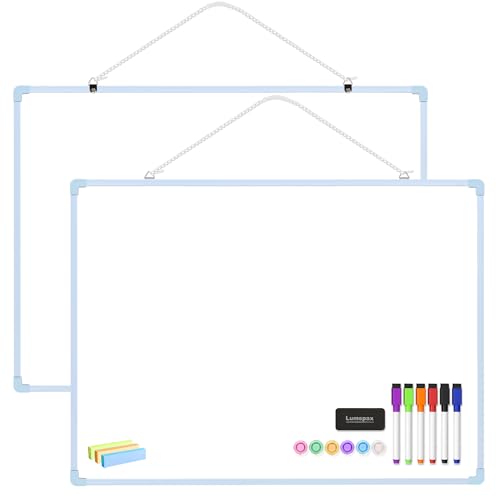 Dry Erase Board for Wall, 24" x 18" Double-Sided Hanging Magnetic Whiteboard with 6 Markers, 6 Magnets and 3 Mini Sticky Notes, Large White Board for School, Home, Office, Blue Frame - color: Blue, size: 24"x18"