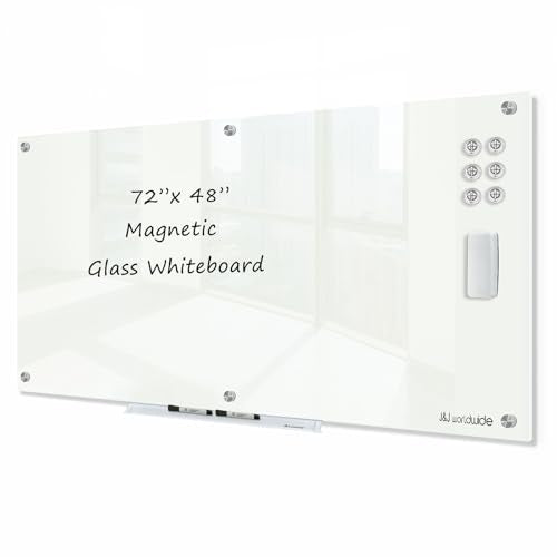 J&J worldwide Magnetic Glass Whiteboard 72x48 Inch, Frameless Tempered Glass Dry Erase Board Wall Mounted Includes Markers, Eraser, Magnets, Mounting Kit for Office Home& School - color: White, size: 72"W x 48"H