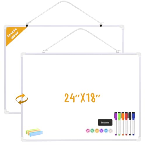 Dry Erase Board for Wall, 24" x 18" Double-Sided Hanging Magnetic Whiteboard with 6 Markers, 6 Magnets and 3 Mini Sticky Notes, Large White Board for Kids, School, Home, Office - color: White, size: 24"x18"