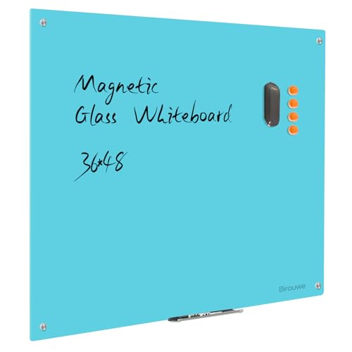 Magnetic Glass Dry Erase Board - White Board 48 x 36 Inch Wall Mounted Glass Whiteboard, Large Frameless Glass White Board for Wall Office, Home & School, Blue - color: Blue, size: 48"W x 36"H