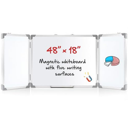 AmazingSpark 48” x 18” Foldable Whiteboard Dry Erase Board Large Tri Folding Whiteboard Magnetic Dry Erase Board, Wall Aluminium Frame and Flip Out Pen Tray for Office, Home - size: 48"W x 18"H