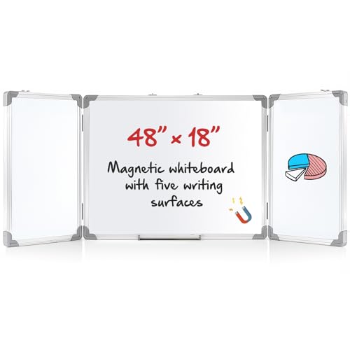 AmazingSpark 48” x 18” Foldable Whiteboard Dry Erase Board Large Tri Folding Whiteboard Magnetic Dry Erase Board, Wall Aluminium Frame and Flip Out Pen Tray for Office, Home - size: 48"W x 18"H