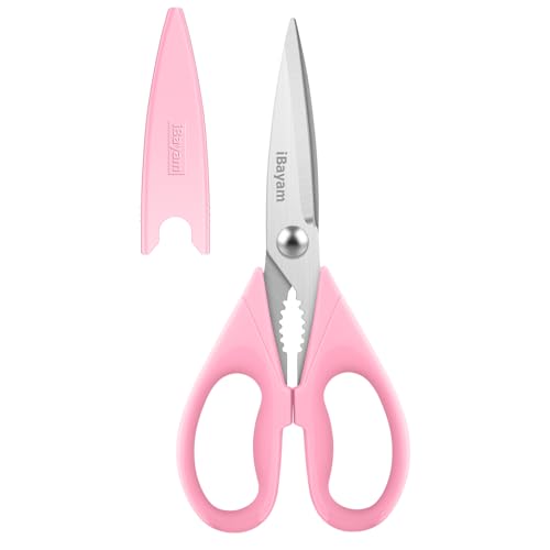 iBayam Pink Kitchen Scissors All Purpose Heavy Duty & Comfort Grip & Cover | Dishwasher Safe, 8.7" Stainless Steel Sharp Scissors Food Poultry, 2-Pack Pink Kitchen Utensils Gadgets for Cooking & Baking - color: Pastel Pink, size: 1-Pack