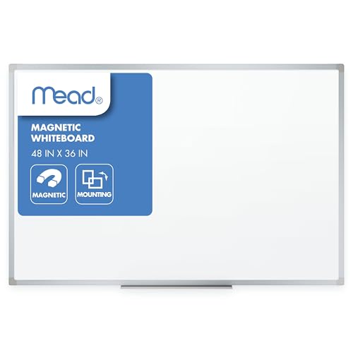 Mead Dry Erase White Board, 48" x 36" Magnetic Whiteboard for Horizontal or Vertical Mount, White/Silver (SM85357) - size: 48"W x 36"H