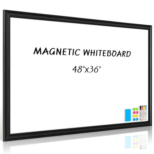 Large White Board for Wall, 46.5'' x 34.7'' Magnetic Dry Erase Board, 4'x3' Decorative Whiteboard with Black Wooden Frame, Hanging Writing Board for Home Office School Classroom - color: Black, size: 48"W x 36"H