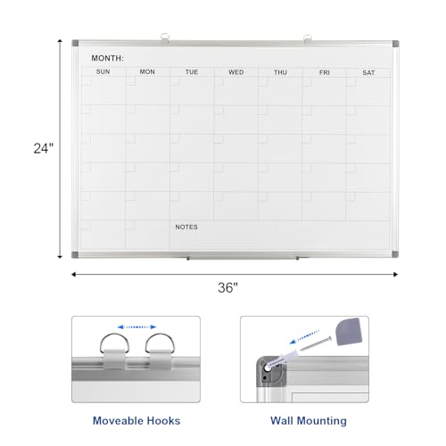 Comix Magnetic Dry Erase Calendar Whiteboard, 36 x 24 Inches Monthly Calendar Dry Erase Board for Wall, Aluminum Frame Planner White Board with Dry Erase Markers, Eraser, Magnets - size: 36"W x 24"H