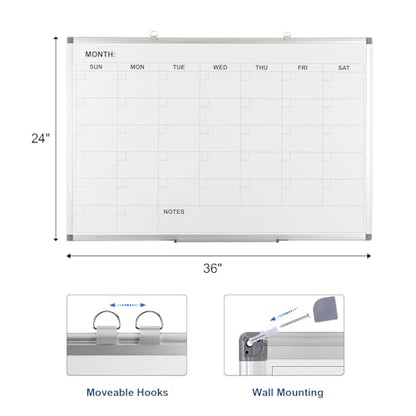 Comix Magnetic Dry Erase Calendar Whiteboard, 36 x 24 Inches Monthly Calendar Dry Erase Board for Wall, Aluminum Frame Planner White Board with Dry Erase Markers, Eraser, Magnets - size: 36"W x 24"H