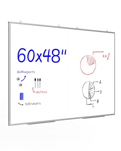 60"X 48" Large Magnetic Dry Erase Whiteboard, Wall Hanging Board with 4 Pens & 1 Dry Erasers & 6 Magnets, Sliver Aluminum Frame White - color: White, size: 60"W x 48"H