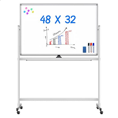 Maxtek Rolling White Board on Wheels 48x32 inch Double Side Magnetic Dry Erase Board with Stand, Aluminum Frame Easel Mobile Standing Whiteboard for Office, Classroom & Home - color: Silver, size: 48 x 32 inches