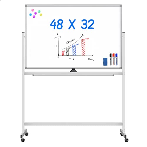 Maxtek Rolling White Board on Wheels 48x32 inch Double Side Magnetic Dry Erase Board with Stand, Aluminum Frame Easel Mobile Standing Whiteboard for Office, Classroom & Home - color: Silver, size: 48 x 32 inches