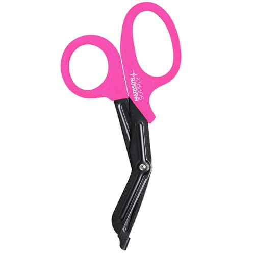Madison Supply Trauma Shears for Nurses - Premium Stainless Steel Medical Scissors with Non-Stick Blades - 7.5" Surgical Nurse Scissors for First Aid and Emergency Use - Fluoride Coated Blades - Pink - color: Pink Handle/Black Coated Blades, size: 1-Pack