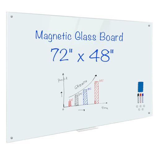 Magnetic Glass Whiteboard 6'x4', 72"x48" Glass Dry Erase Board for Wall Mounted, Large Commercial Board Frameless for Office, Classroom & Home - size: 72"W x 48"H