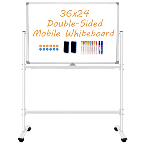 BSTPCOO Double-Sided Dry Erase Board with Stand 36"x24", Magnetic Mobile White Board Rolling Whiteboard on Wheels Drawing whiteboard with Stand for Kids & Adults, 2 Eraser, 10 Markers, 12 Magnets - color: Silver, size: 36"W x 24"H