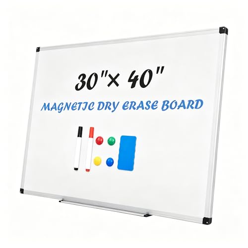 Simple Deluxe Magnetic White Board for Wall, 40" x 30" Dry Erase Board, Includes 1 Dry Eraser & 2 Multicolor Markers & 4 Magnetic Pins, Reinforced Aluminum Frame for Classroom Home Office - color: White, size: 40 X 30 Inches