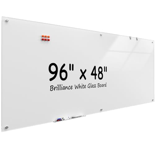 MaxGear 96" x 48" Glass Whiteboard Wall Mounted for Office Home Classroom | Magnetic Glass Dry Erase Board, Tempered Glass, Steel Backed, Non-Porous Surface, Frameless Design, Hardware Included - color: Brilliance White, size: 96"W x 48"H