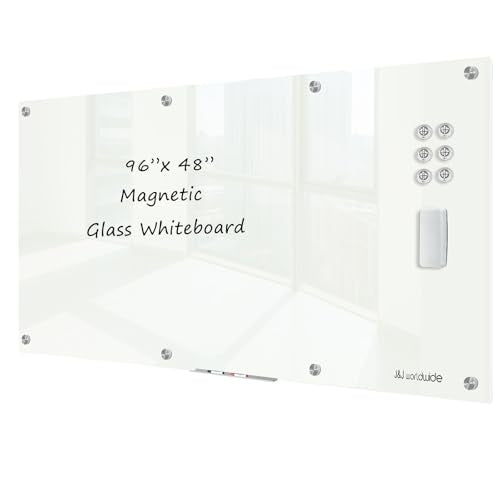 J&J worldwide Magnetic Glass Whiteboard 96x48 Inch, Frameless Tempered Glass Dry Erase Board Wall Mounted Includes Markers, Eraser, Magnets, Mounting Kit for Office Home& School - color: White, size: 96"W x 48"H