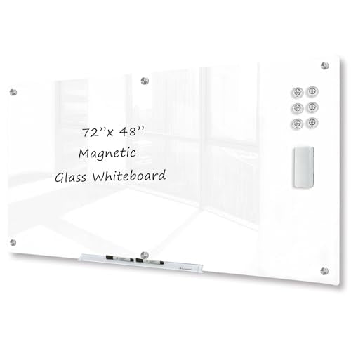 J&J worldwide Magnetic Glass Whiteboard 72x48 Inch Ultra White, Frameless Tempered Glass Dry Erase Board Wall Mounted Includes Markers, Eraser, Magnets, Mounting Kit for Office Home& School - color: Ultra White, size: 72"W x 48"H