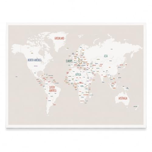 World Map Poster Wall Art, Beige Neutral World Map Print 24x18, Modern Map Wall Decor for Living Room Home - color: Beige