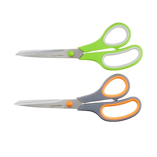 Amazon Basics Multipurpose Stainless Steel Scissors for Office, Crafts, Paper Cutting, Fabric Cutting, Right/Left Handed, Comfort Grip, PVD Coated, 2-Pack, Green and Grey - size: 2-Pack
