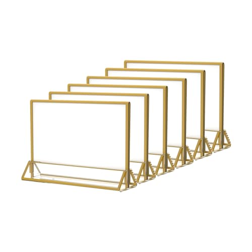 NIUBEE 6Pack 6 x 4 Horizontal Clear Acrylic Sign Holder with Gold Borders, Double Sided Table Menu Stands Picture Frames for Wedding Table Numbers, Restaurant Signs, Photos and Art Display - size: 4x6", style: Horizontal