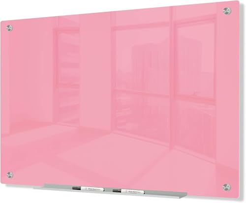 J&J worldwide Magnetic Pink Glass Whiteboard 47x35 Inch,Tempered Glass Dry Erase Board Wall Mounted Frameless Includes Markers, Eraser, Magnets, Mounting Kit for Office Home& School - color: Pink, size: 47"W x 35"H