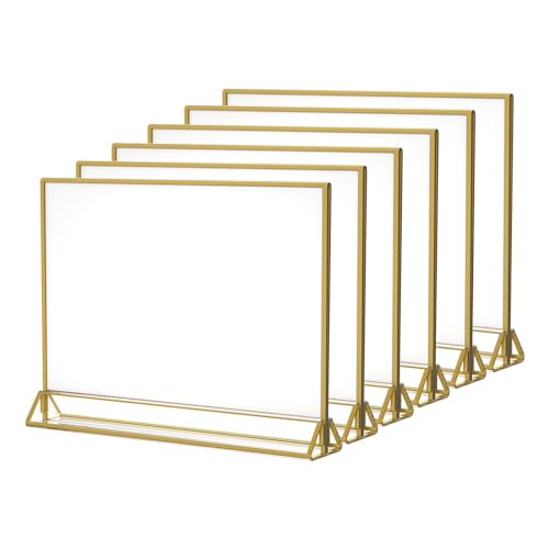 NIUBEE 6Pack 11 x 8.5 Acrylic Sign Holder with Gold Frames and Vertical Stand, Ideal for Display Wedding Table Numbers, Double Sided Picture, Clear Photos, Menu Holders -Horizontal - size: 8.5x11", style: Horizontal