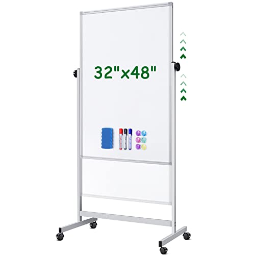 Rolling Whiteboard on Wheels, 32x48 Inches Double-Sided Magnetic Dry Erase Board with Stand, Height Adjustable Mobile White Board Easel for Classroom Home Office - style: White