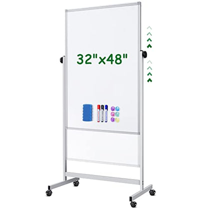 Rolling Whiteboard on Wheels, 32x48 Inches Double-Sided Magnetic Dry Erase Board with Stand, Height Adjustable Mobile White Board Easel for Classroom Home Office - style: White