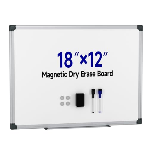 Magnetic White Board Hanging 18" x 12" for Wall, Small Dry Erase Board for Kids, Kitchen, Office, Includes 1 Eraser, 2 Markers, 4 Magnets, Pen Tray, Silver Aluminum Frame