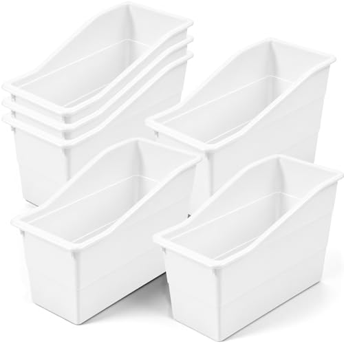 6 Pack Book Bins for Classroom Library, Storage Organizer Bins Holders, 11.4 x 5.5 x 7.4 Inch Durable Plastic Containers for School, Office, Kitchen & Home Organization (White) - color: White