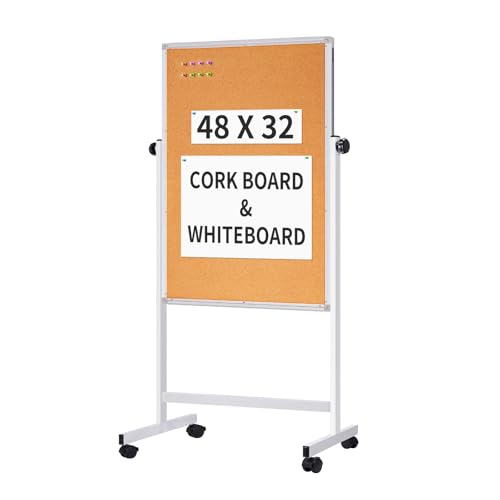 Mobile Whiteboard and Cork Board Combo, 48 x 32 Double-Sided Magnetic Dry Erase Board on Wheels, Height Adjustable Rolling Easel Board for Classroom, Office, Home - style: 48x32 in Silver&Cork