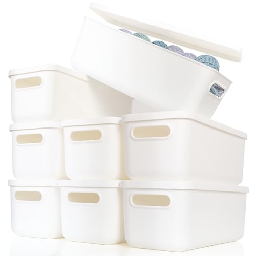 Yishyfier Plastic Storage Baskets With Lid Organizing Container Lidded Knit White Storage Organizer Bins for Shelves Drawers Desktop Playroom Classroom Office (8XS) - size: 8XS