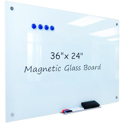 Magnetic Glass Whiteboard - 36” x 24” Glass Dry Erase Board for wall, Frameless Glass WhiteBoard for Office, Home & School