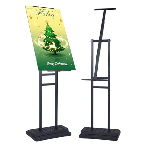 Upgraded Angled & 360° Swivel Poster Stand, Water-Fillable Weighted Base, Heavy Duty Adjustable Height Floor Sign Holder for Foam Board, Outdoor, Wedding, Business Display (Single-Sided, Black)