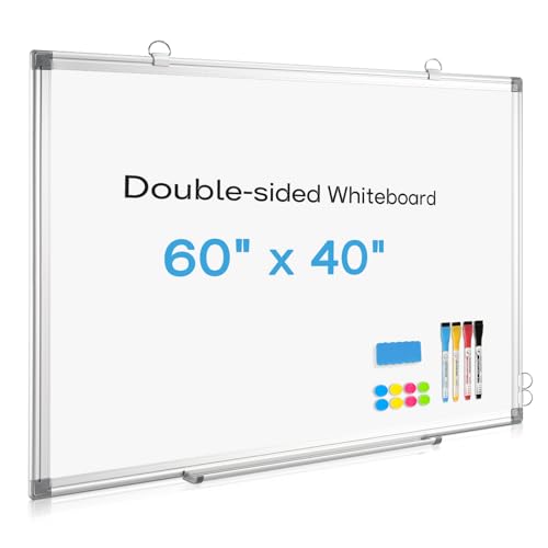 Large Whiteboard Dry Erase Board for Wall, 60" x 40" Double-Sided Magnetic Whiteboard with Long Pen Tray, Wall-Mounted White Board for Home, School, Office, Kitchen - color: White, size: 60"×40"