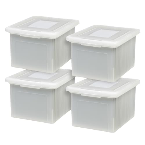 IRIS USA 35 Qt File Box with Lid, File Storage Box for Letter Size Documents, Portable Plastic File Box, Stackable Nestable Organizer, 4 Pack, Pearl - style: Pearl - 4 Pack