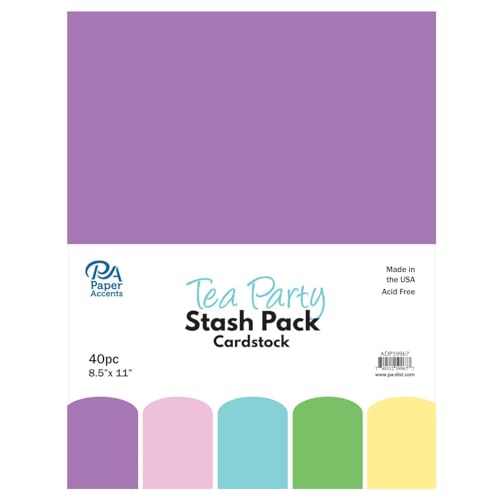 PA Paper Accents Stash Pack Cardstock Pack 8.5" x 11" Tea Party, colored cardstock paper for card making, scrapbooking, printing, quilling and crafts, 65lb., 40 pieces - color: Yellow,blue,green,pink