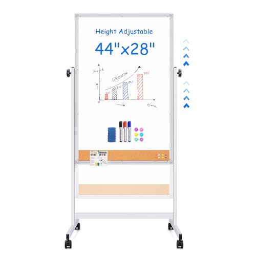 maxtek Rolling White Board, 44x28 Inches Magnetic Cork Board Combo, Portable Double-Sided Dry Erase Board on Wheels, Height Adjutable Easel Board for Home, School, Office - style: 44x28 in Silver&Cork