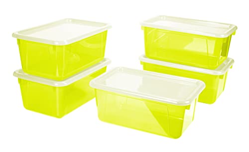 Storex Small Cubby Bins – Plastic Storage Containers for Classroom with Non-Snap Lid, 12.2 x 7.8 x 5.1 inches, Tint Yellow, 5-Pack (62482A05C) - color: Candy Yellow, size: 12.2 x 7.8 x 5.1 Inches, style: Bin with Cover
