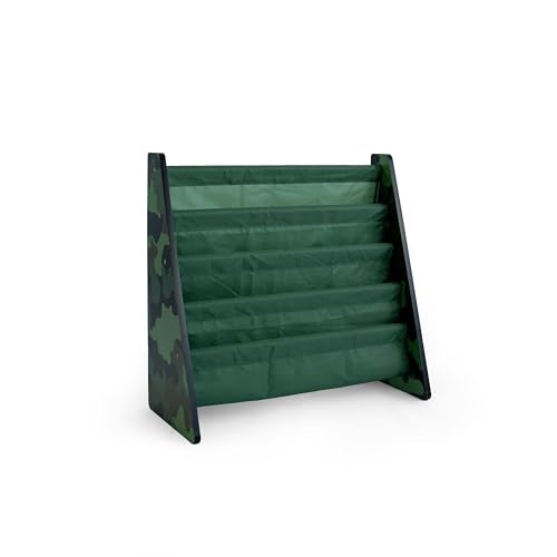 Humble Crew 4-Tier Kids Bookshelf, Camo Wood/Green - Premium Book Shelf for Kids Rooms with Four Deep Pockets - Toddler Sling Book Rack with Deep Sleeves, Nursery Bookcase Organizer - color: Camo Green