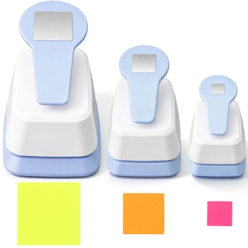 CHENGU 3 Pack Craft Paper Punch Square 2, 1 and 5/8 Inch Punch Paper Punchers Round with 10 Pcs Sticker, Cutter Blue for Card Making Scrapbook DIY Albums Photos Office Supplies - color: Light Blue, style: Square
