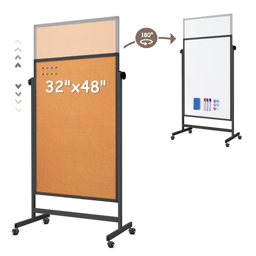 Double Sided Cork Board White Board, 32 x 48 inches Large Cork Board for Office, Height Adjustable Magnetic Dry Erase Board on Wheels, Portable Freestanding Natural Corkboard for Displaying, Planning - style: Cork & Black