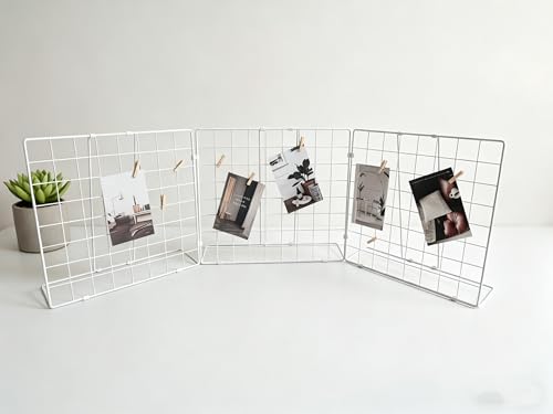 Foldable Desktop Photo Display Rack & Grid Display Board With 20 Wooden Clips – Photo, Accessory & Handcraft Display Organizer For Home Office White three-grid style - color: White