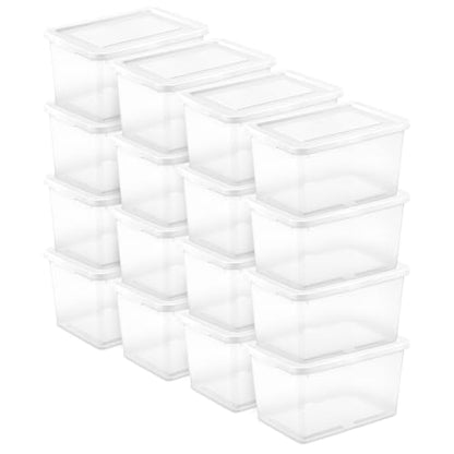 Sterilite 16 Pack Storage Box, 20 Quart Stackable Tote, Clear Plastic Container with Secure Snapping Lids for Home and Office Organization, White - size: 20 Quart, style: 16 Pack