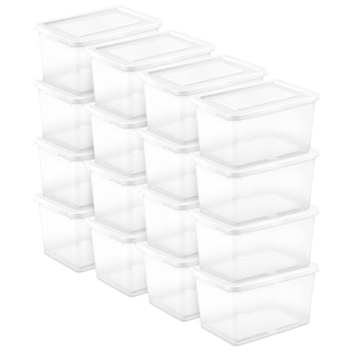 Sterilite 16 Pack Storage Box, 20 Quart Stackable Tote, Clear Plastic Container with Secure Snapping Lids for Home and Office Organization, White - size: 20 Quart, style: 16 Pack