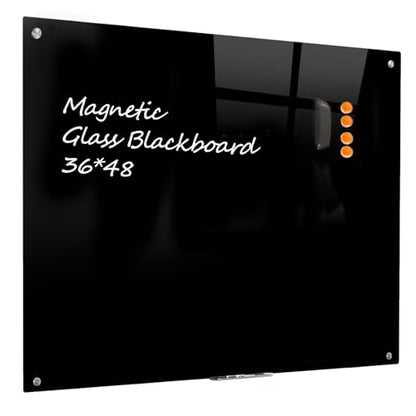 Glass Black Board Magnetic Dry Erase Board - Black Board 48 x 36 Inches Wall Mounted Glass Blackboard, Large Frameless Glass Black Board for Wall Office, Home & School - color: Black, size: 48"W x 36"H