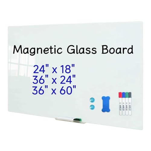 DEVELOP Magnetic Glass Whiteboard, 24 x 18 Inches (60 x 45 cm), Small Tempered Glass Dry Erase Board for Wall, Frameless Whiteboards with Marker Tray, 4 Markers, 2 Magnets, 1 Eraser - color: White, size: 24x18 inch